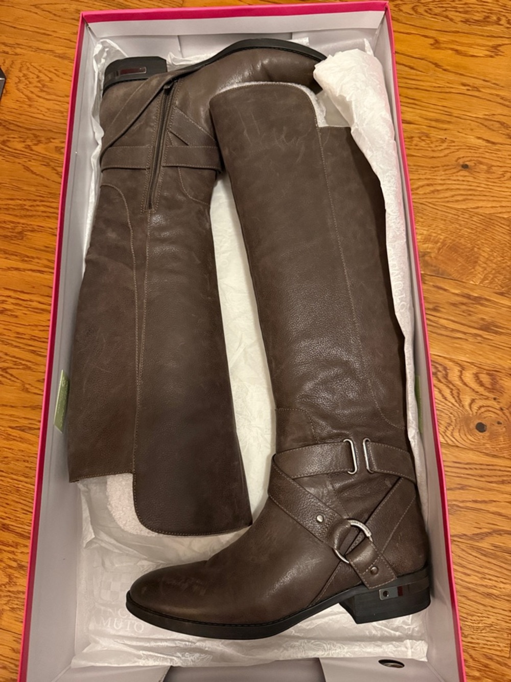 Vince Camuto Preshent women's leather knee-high riding boots in the color Rhino.